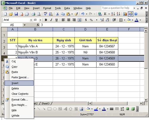 MS Excel - Bài 4: Thao tác với dòng, cột, sheet