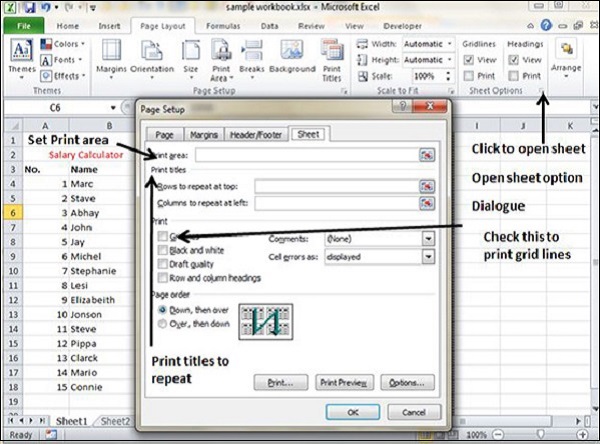 Tùy chọn sheet trong Excel 2010