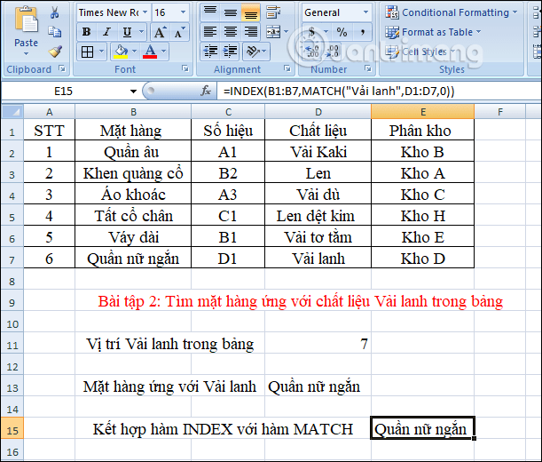 Cách kết hợp hàm Index và Match trong Excel