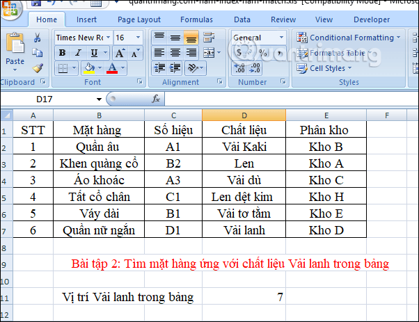 Cách kết hợp hàm Index và Match trong Excel